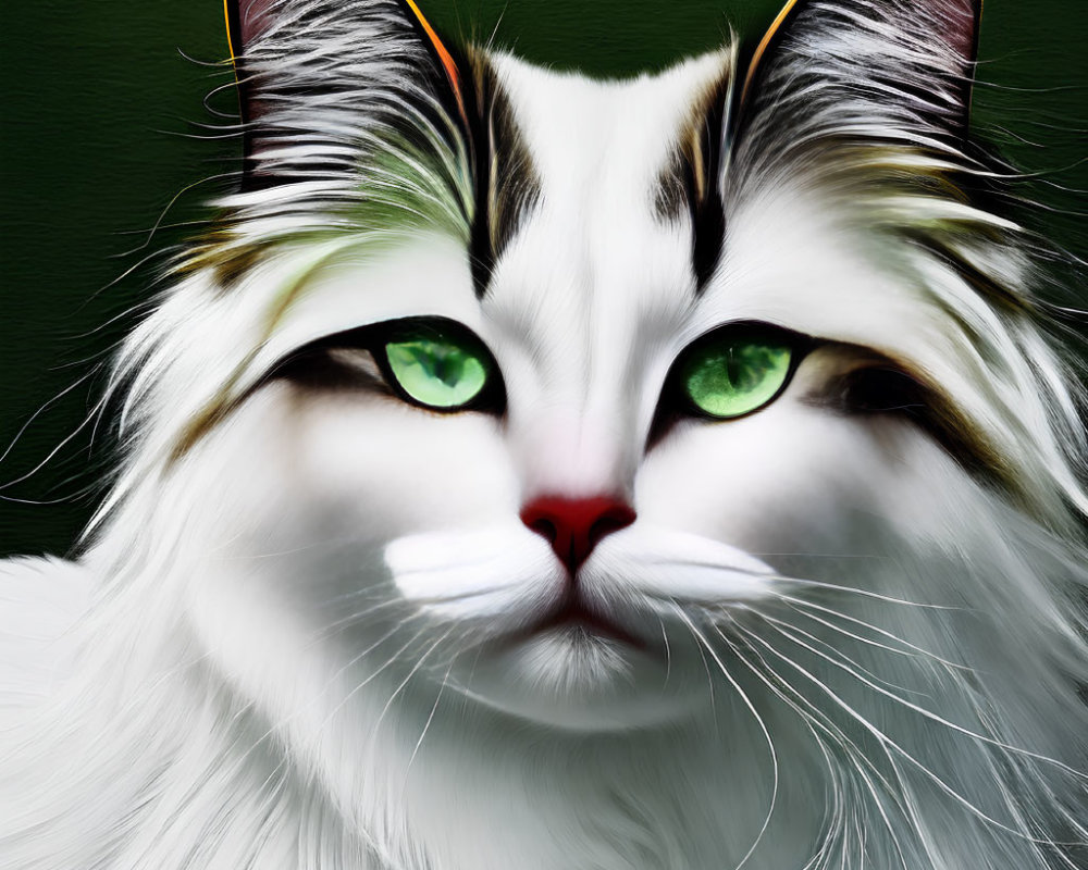 Fluffy white cat with green eyes and black markings on green background