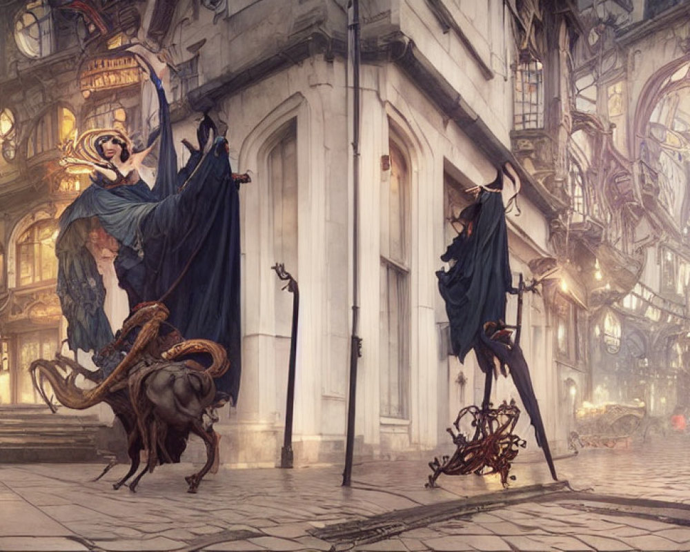 Fantastical scene featuring characters in bustling cityscape