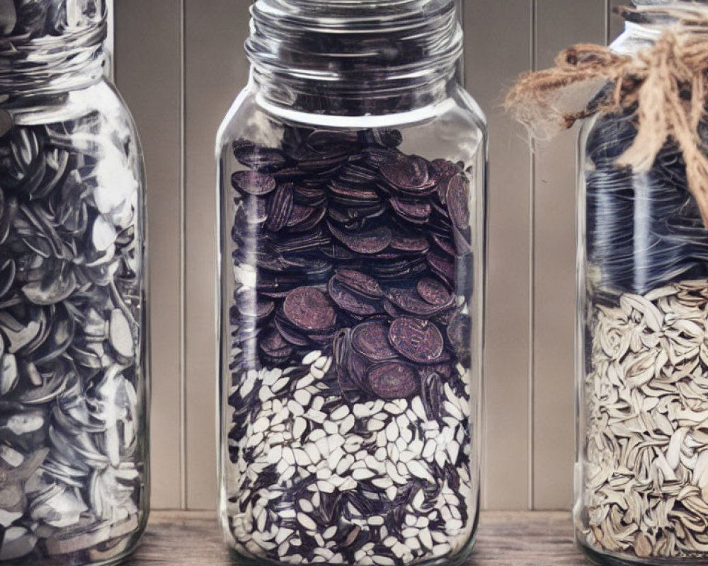 Glass jars on shelf displaying black, white, and striped seeds