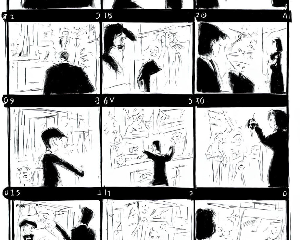 Storyboard Sequence: Person Presenting at Whiteboard with Audience Interactions