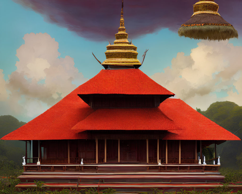 Traditional Thai-style Temple with Red Tiered Roof and Golden Spires