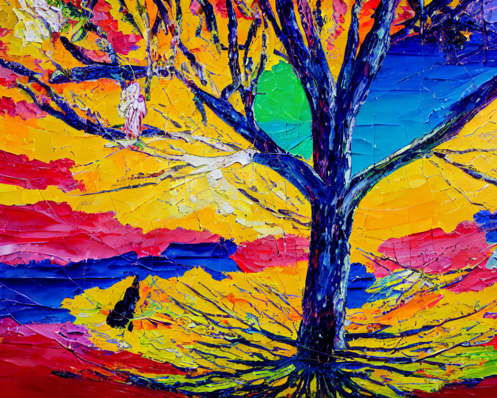 Vibrant painting: Colorful tree with red, yellow, and blue hues