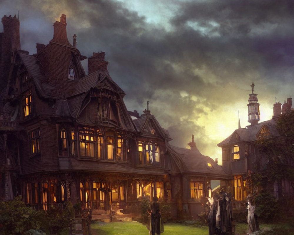 Victorian-style mansion in stormy sky with warm lights and people in period attire