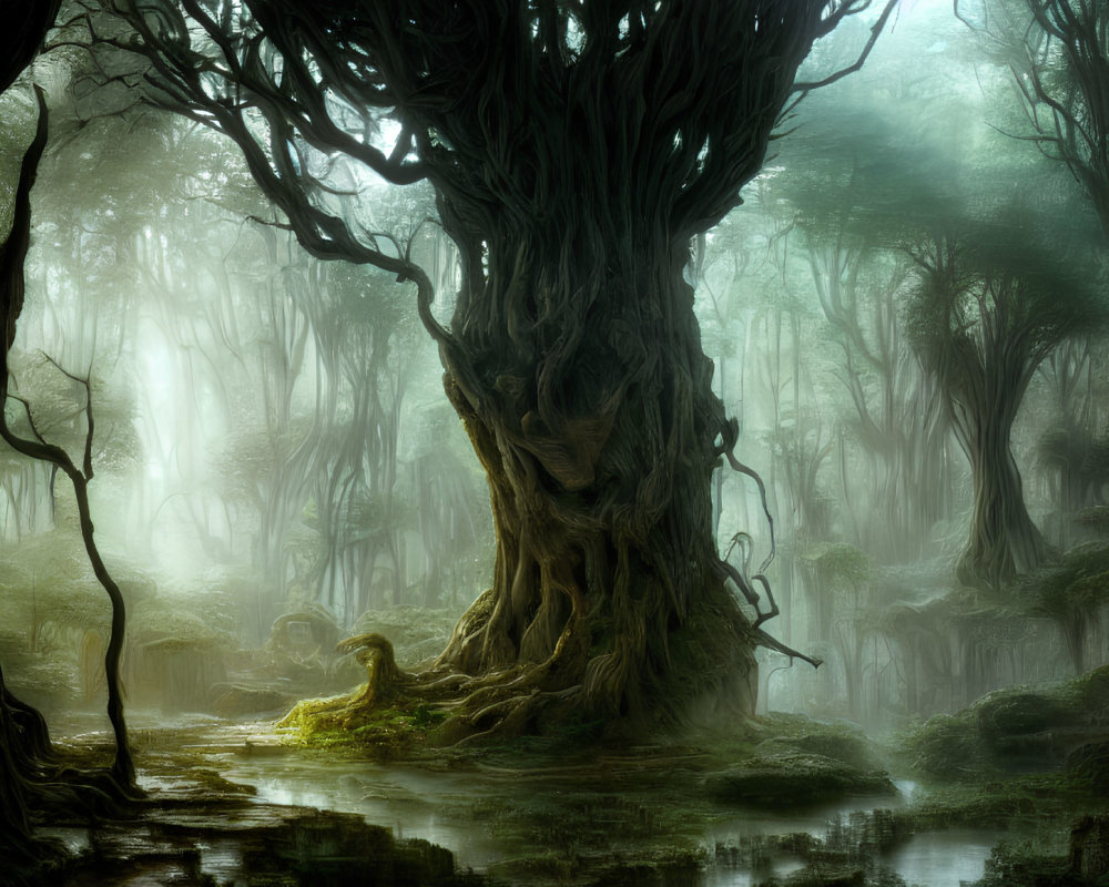 Mystical forest scene with ancient tree and misty ambiance