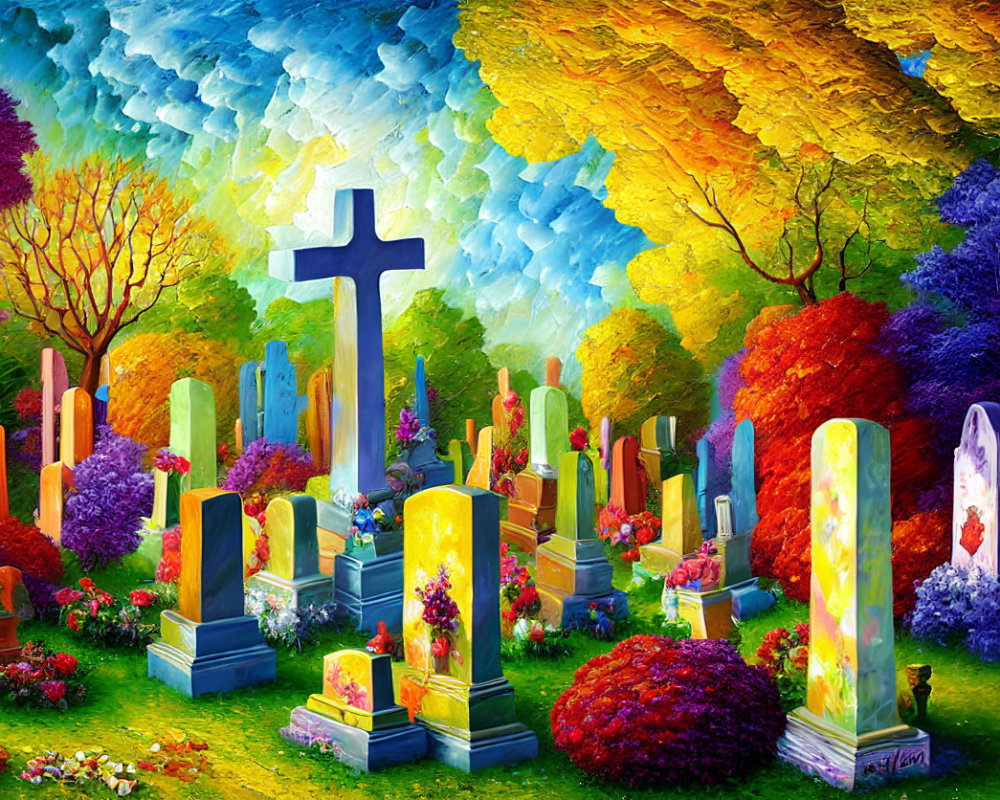 Colorful cemetery painting with trees, tombstones, flowers, and central cross