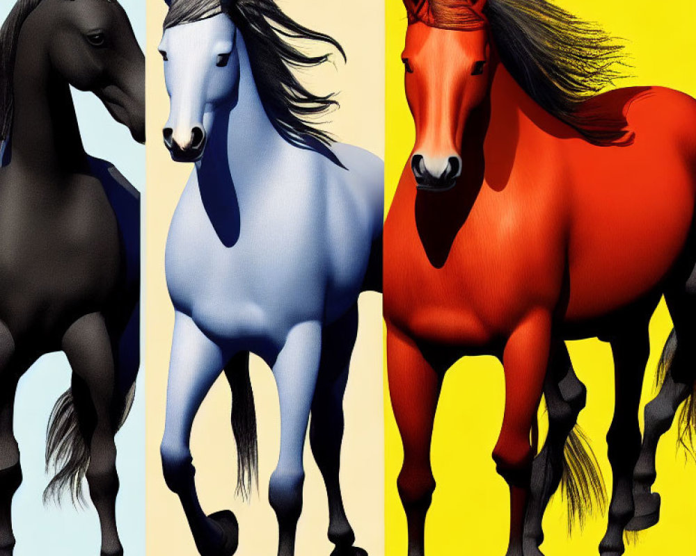 Stylized horses in black, blue, and red on contrasting backgrounds