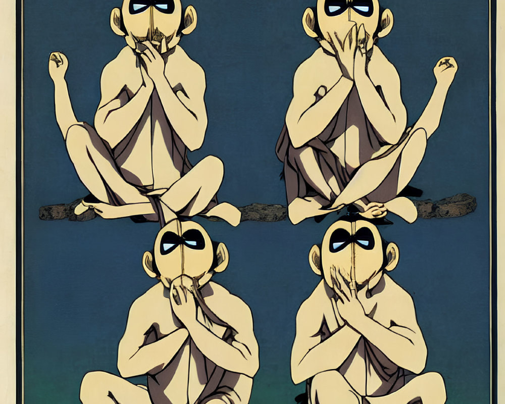 Stylized cartoonish figures of modern twist on "see no evil, hear no evil, speak