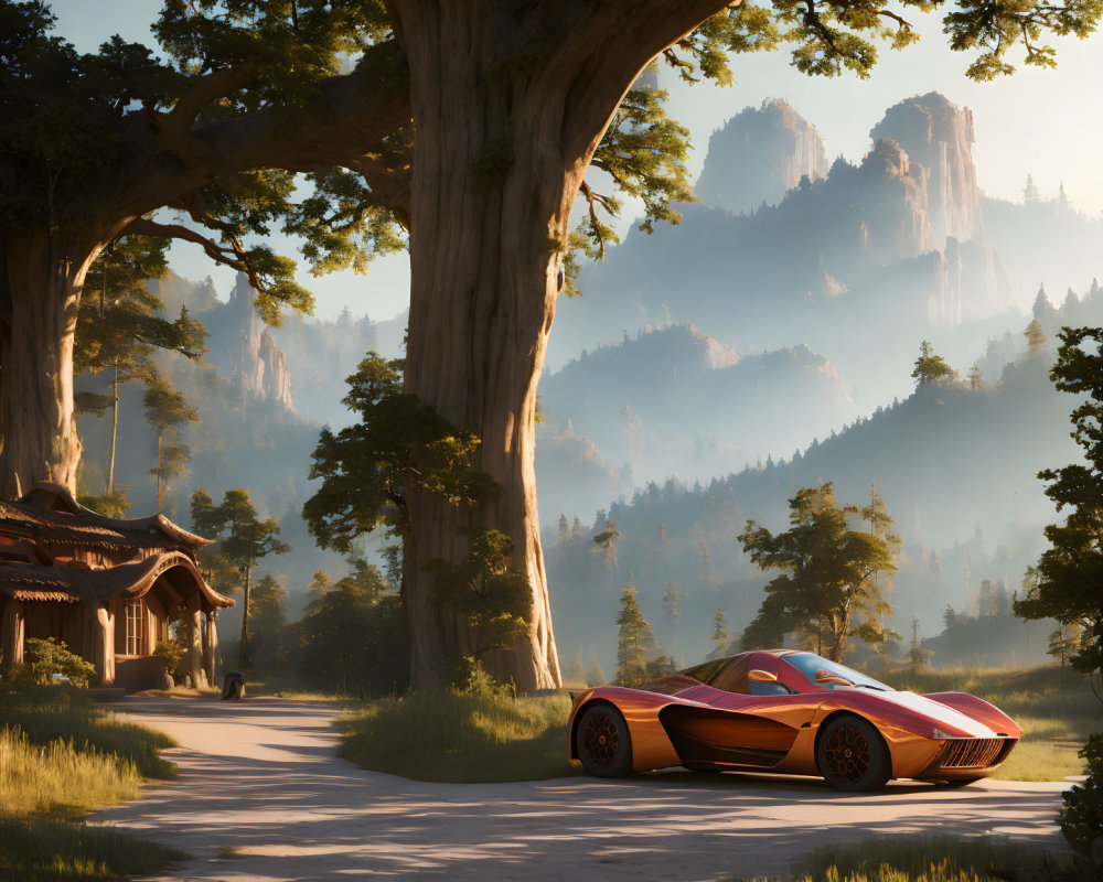 Red sports car on forest road at sunset with trees, wooden house, and mountains.