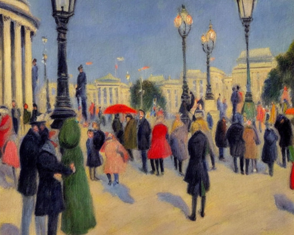 Impressionist painting of a city scene with elegant figures and classic architecture