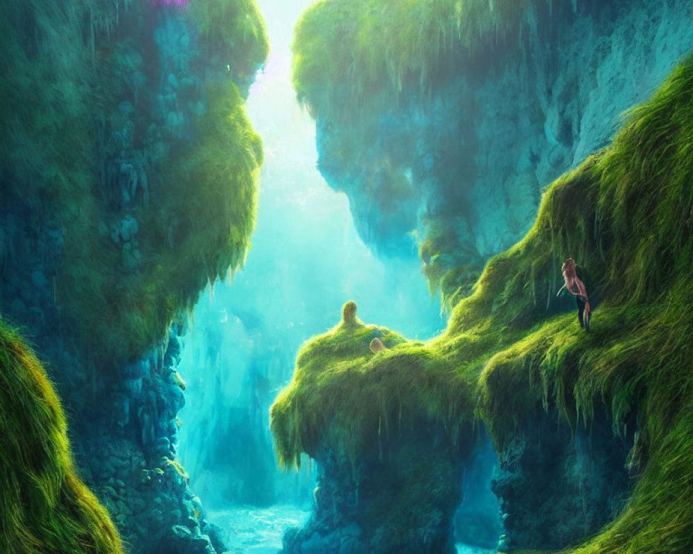 Vibrant fantasy landscape with lush green canyon and human figures under illuminated crevice