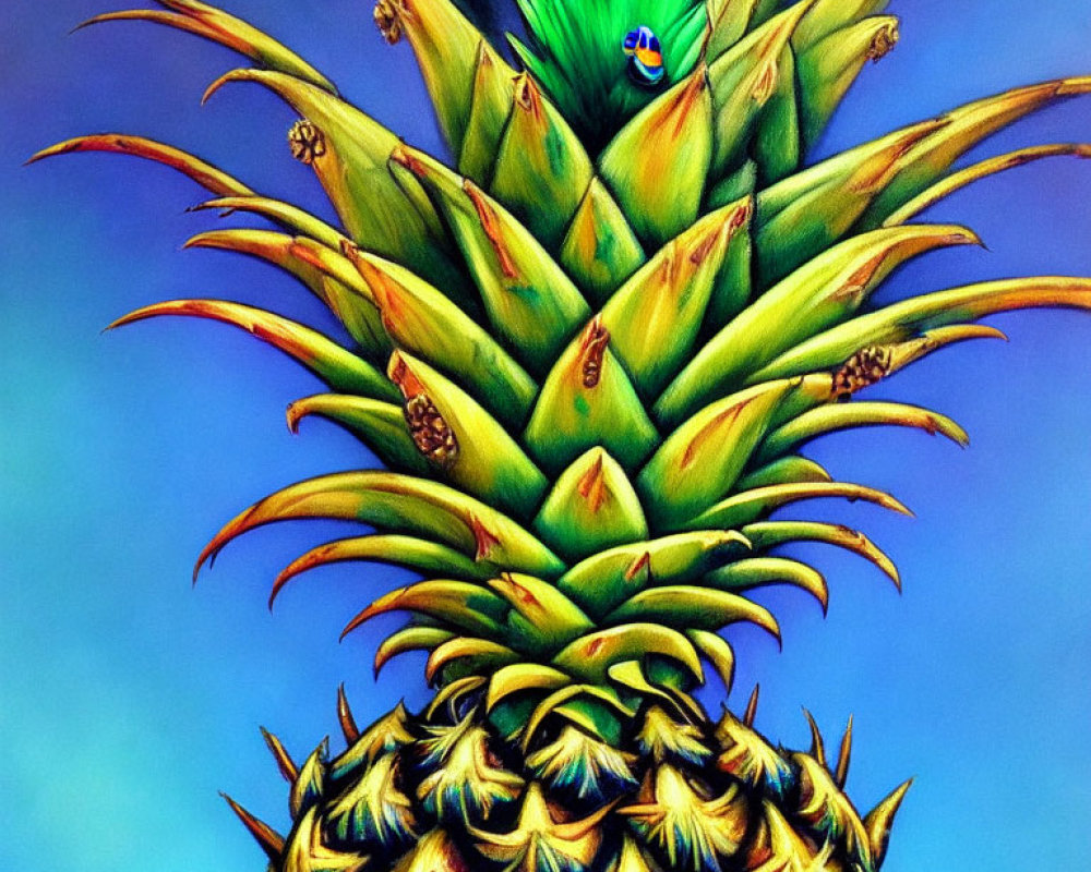 Colorful pineapple painting on blue background with intricate textures and ladybug.