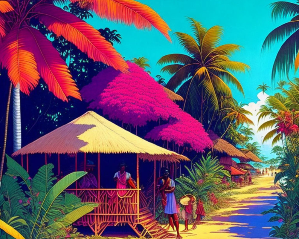 Tropical Scene with People by Huts and Lush Trees