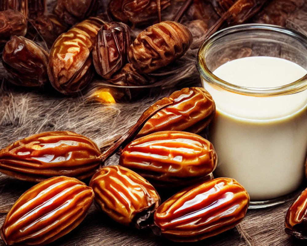 Glass of Milk with Glossy Dates on Rustic Wooden Surface: Nutritious Snack