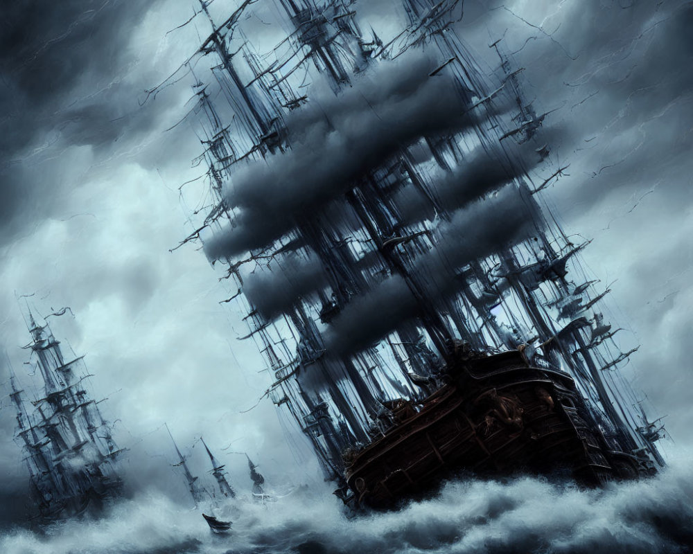 Ghostly Fleet of Tall Ships in Mist and Stormy Sky