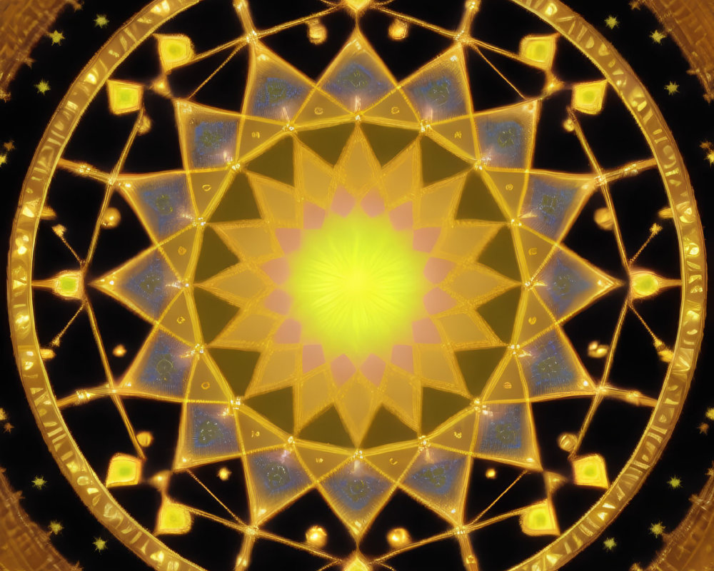 Intricate Gold and Yellow Fractal Kaleidoscope on Black Background