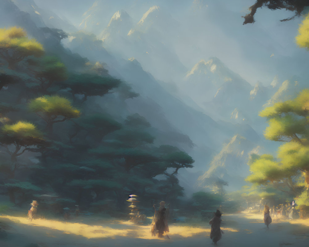 Mystical forest scene with travelers on sunlit path among towering mountains