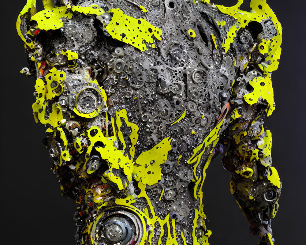 Textured artwork of mechanical figure splattered with yellow paint on dark background