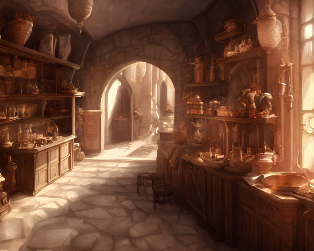 Medieval-style kitchen with stone walls, wooden cabinets, hanging pots, and sunlight.