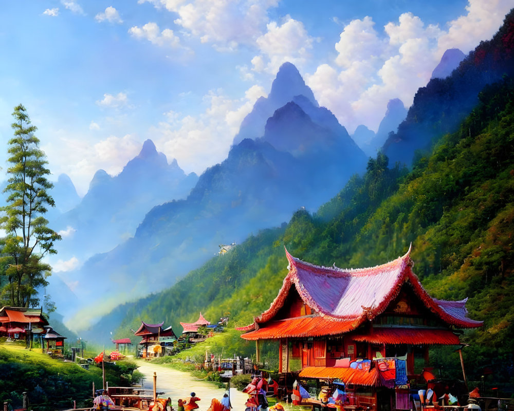 Traditional Asian-style building near river, forested mountains, people in colorful attire