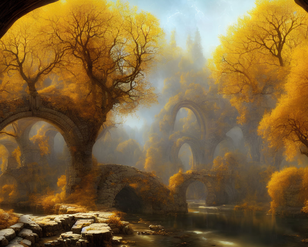 Tranquil autumn landscape with golden trees and stone arches