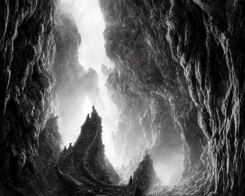 Monochromatic image: Two people at base of grand staircase among towering rock formations