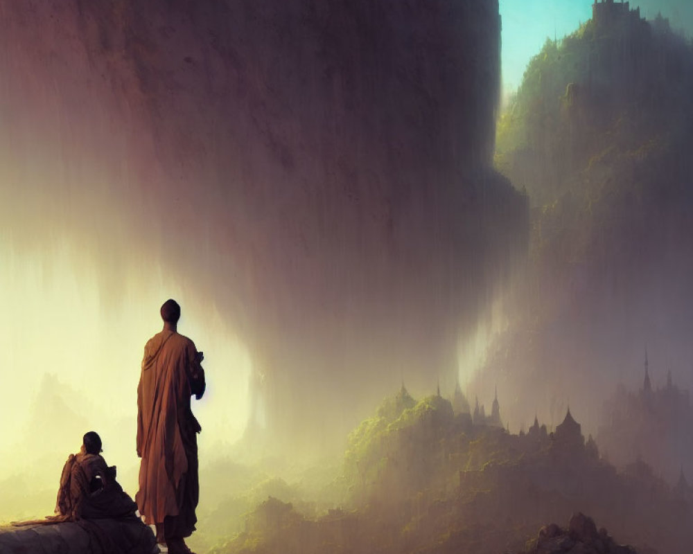 Misty Mountain Landscape with Ancient Temples and Monks