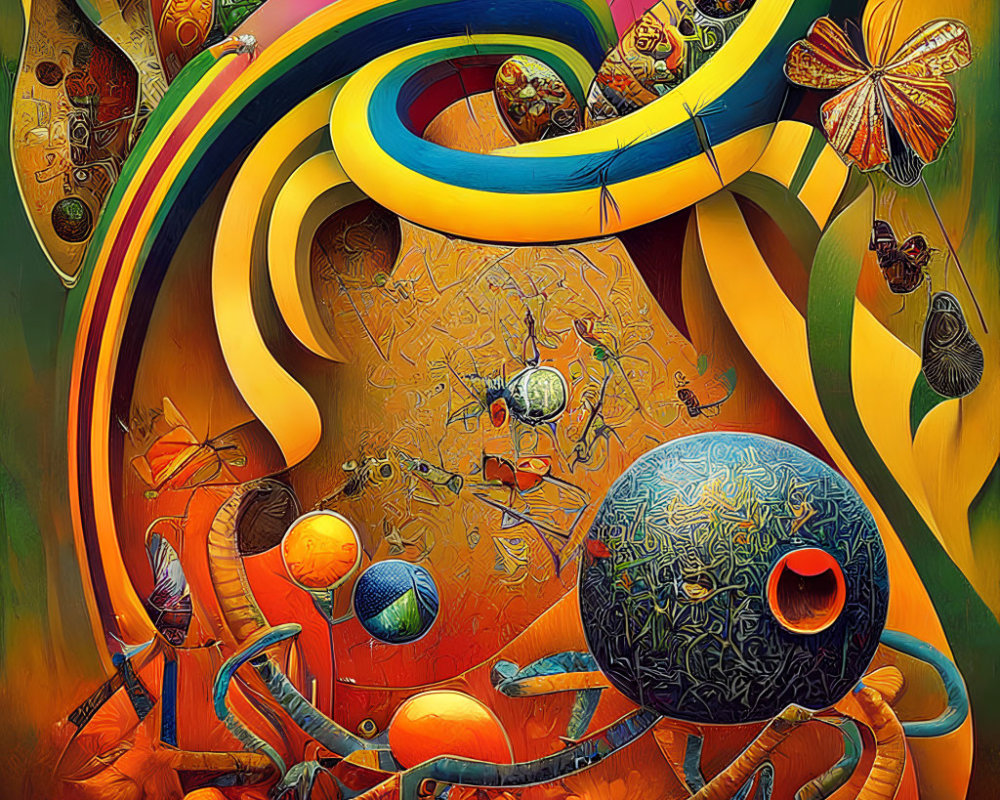 Colorful abstract artwork with swirling patterns, intricate sphere, butterfly, and surreal elements