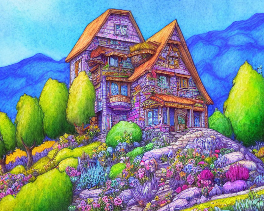 Colorful illustration of whimsical house in lush garden under twilight sky