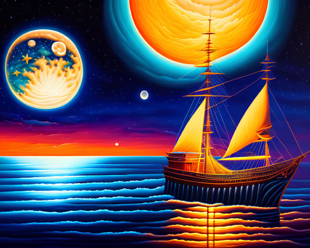 Tall ship sailing on tranquil sea at sunset with giant planet and stars