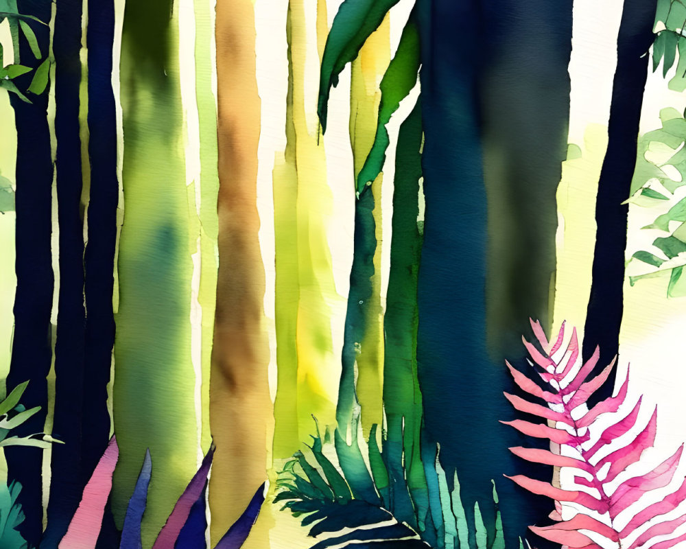 Colorful Tropical Forest Watercolor Painting in Green, Blue, Yellow, Pink