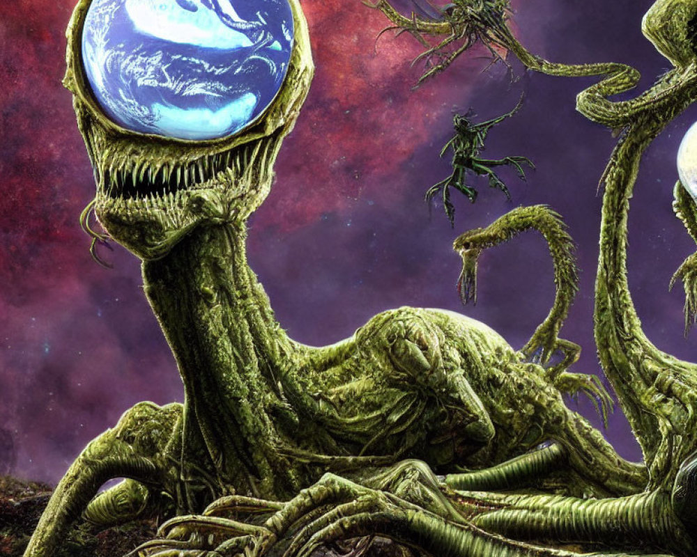 Surreal alien creature with large eye in cosmic setting