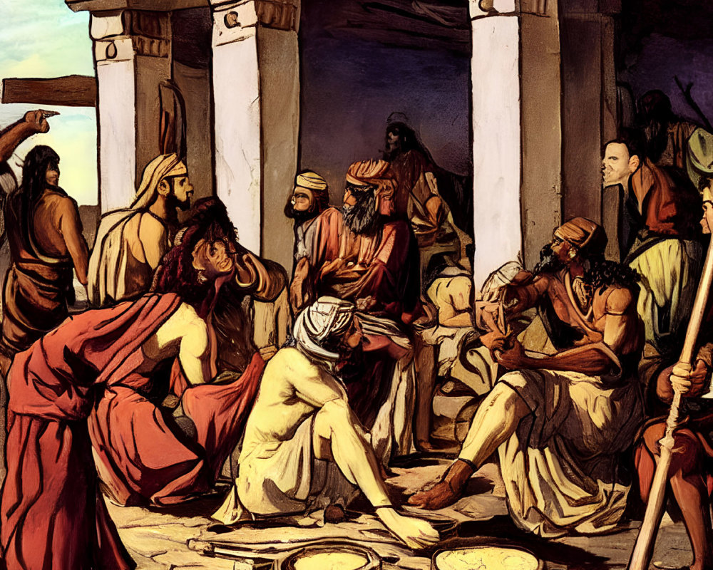 Group of robed men in discussion around table with plates under stone pillars