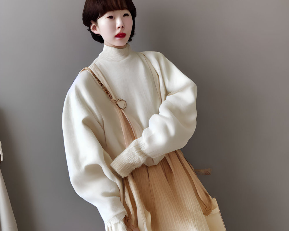 Short-haired woman in cream sweater and beige skirt against neutral background