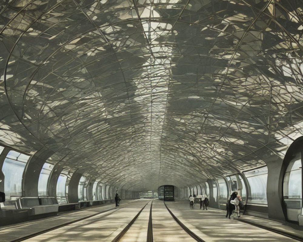 Futuristic train station with intricate ceiling design and glass walls