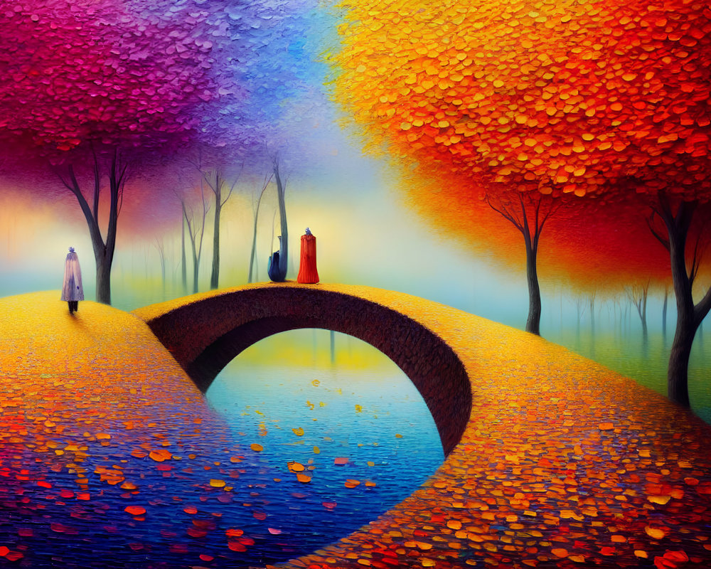 Colorful artwork: Person on bridge in autumn setting