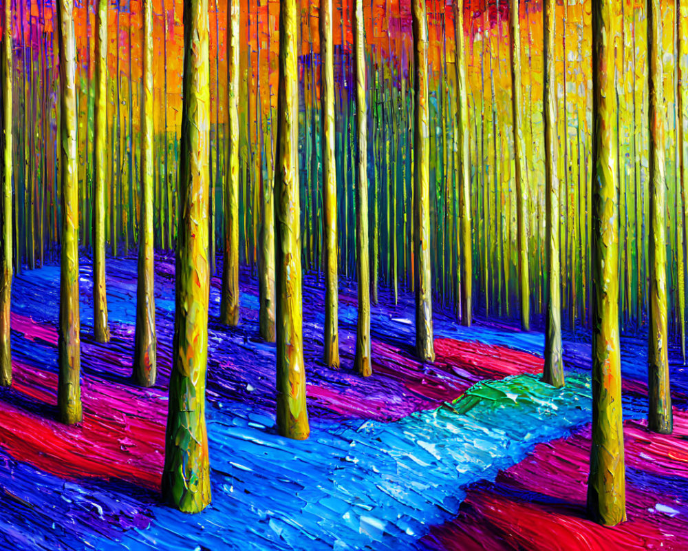 Colorful forest painting with thick brushstrokes on textured background