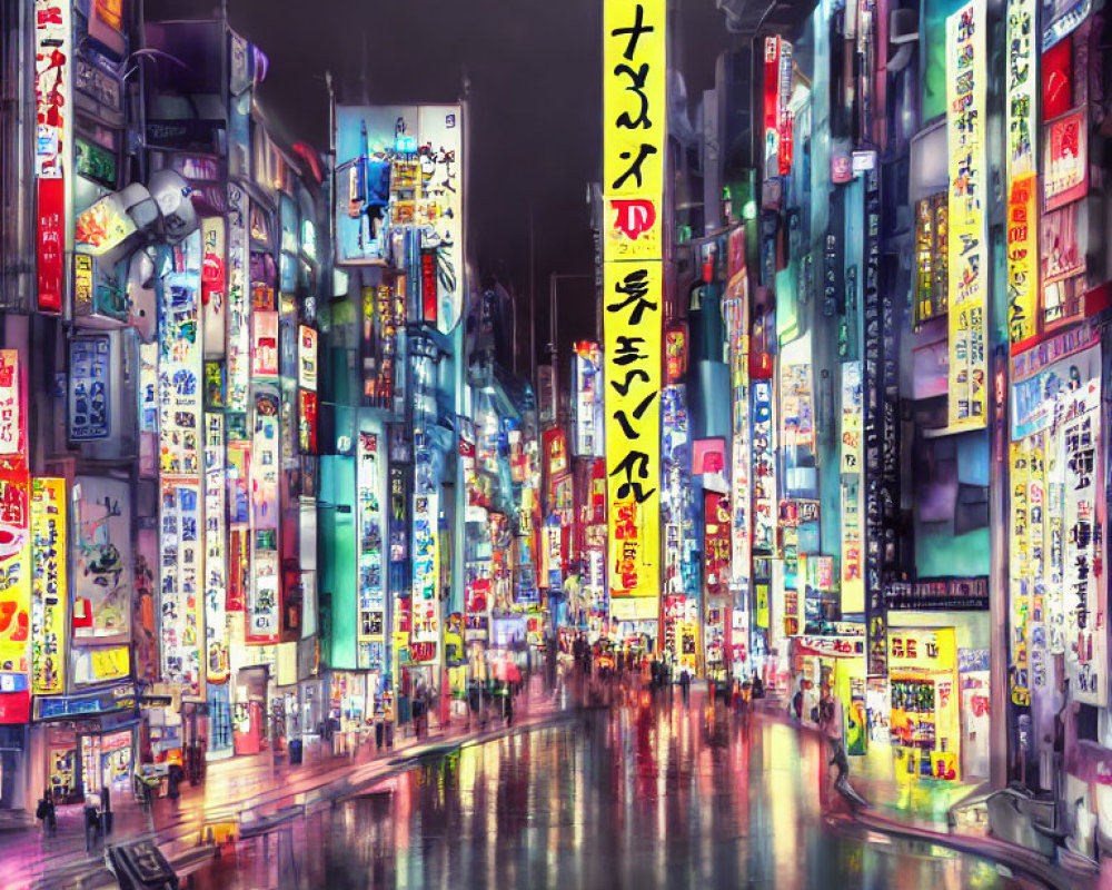 Neon-lit city street at night with Japanese signs