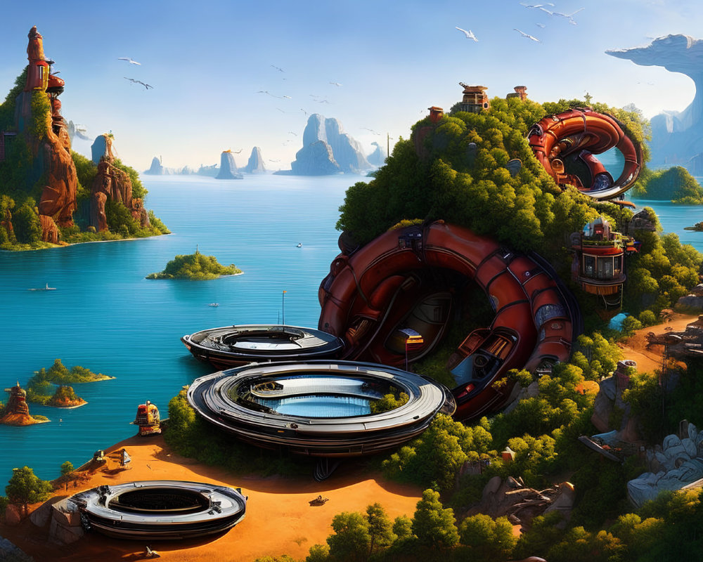 Fantastical landscape with futuristic floating structures above serene lake