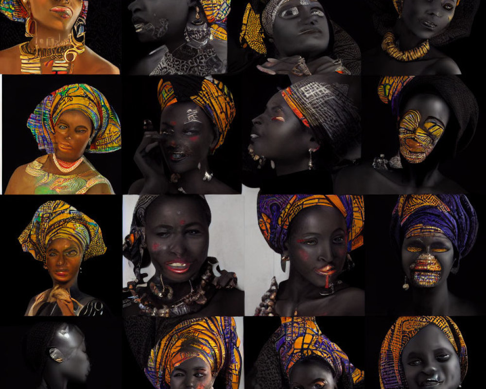 Collage of 16 images: Woman in African head wraps and face paint