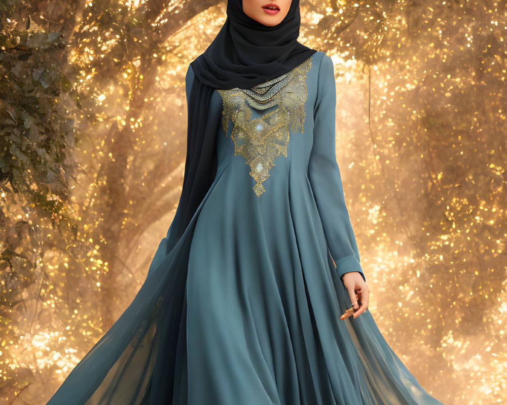 Woman in Teal Dress and Black Hijab Standing in Sunlit Autumn Forest