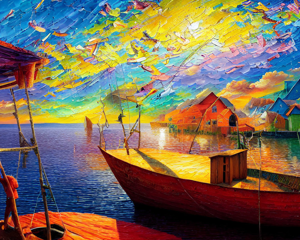 Colorful Painting: Seaside Village at Sunset with Water Reflections