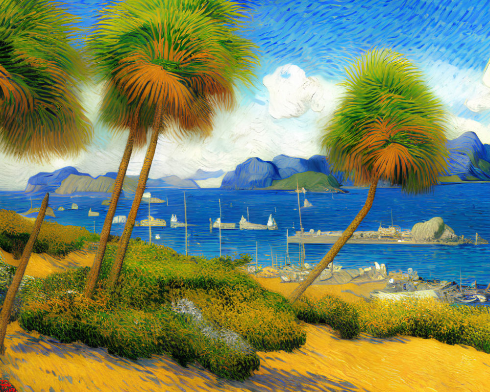 Colorful Seaside Landscape with Palm Trees, Boats, and Mountains