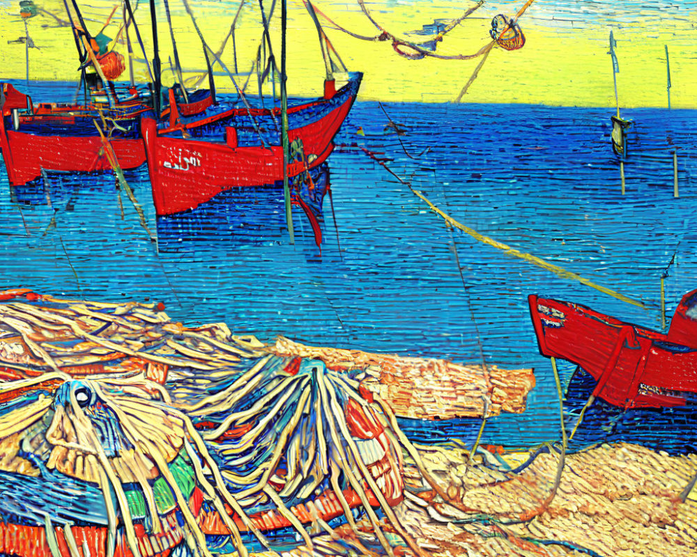 Vibrant harbor painting with red boats and blue sea