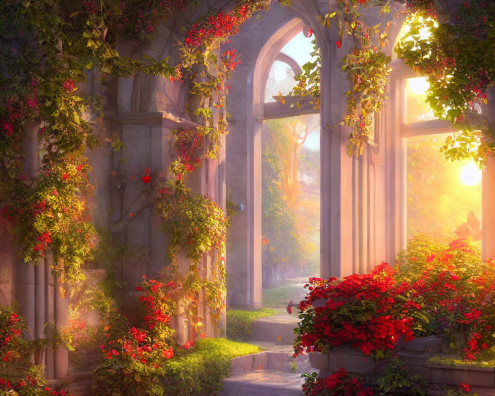 Sunlight through lush garden archway with red flowers