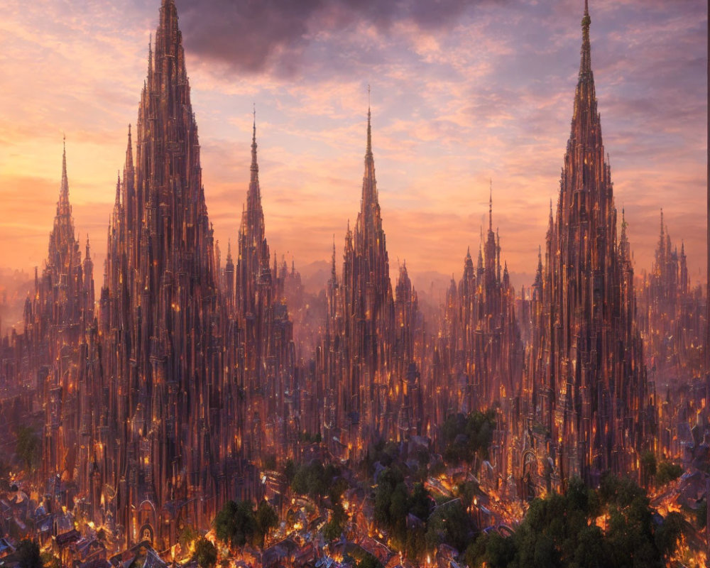 Fantastical cityscape with towering gothic spires at sunset