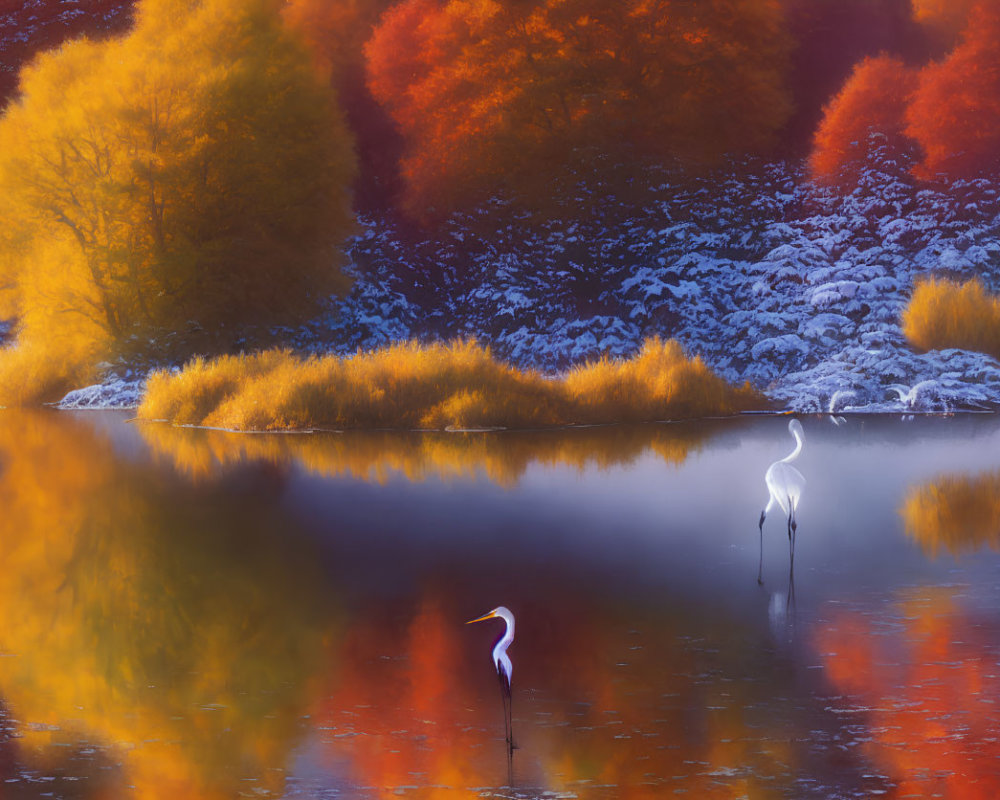 Two Herons in Water Reflecting Autumn to Winter Landscape