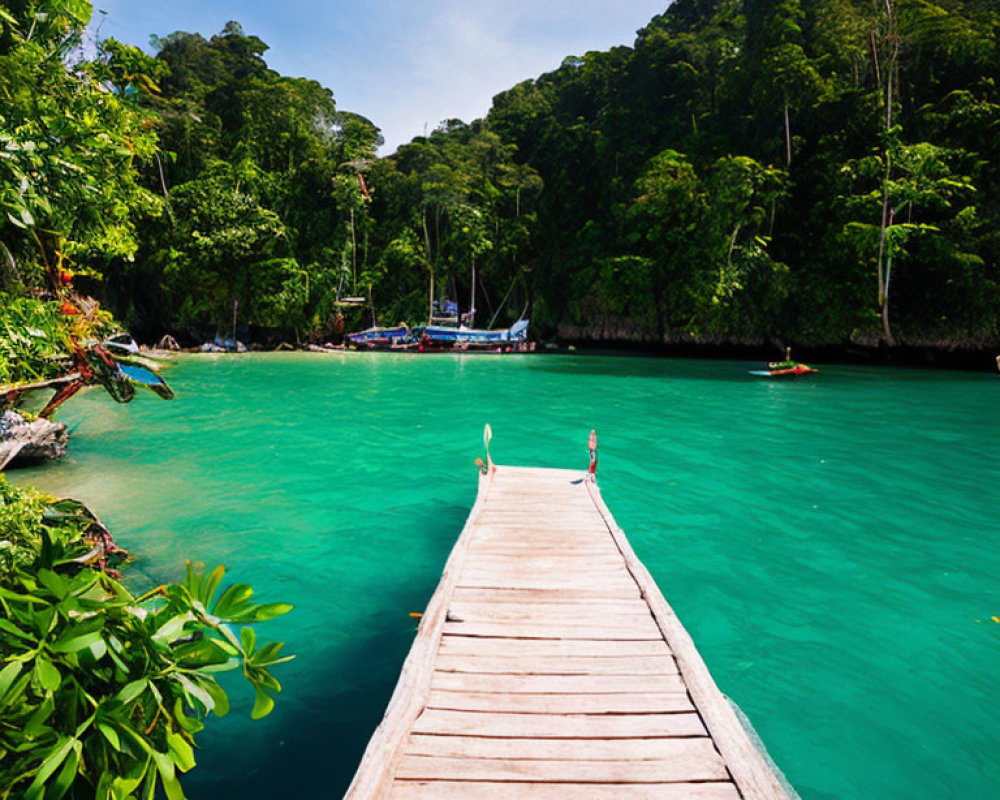 Tropical wooden pier over blue lagoon with lush greenery