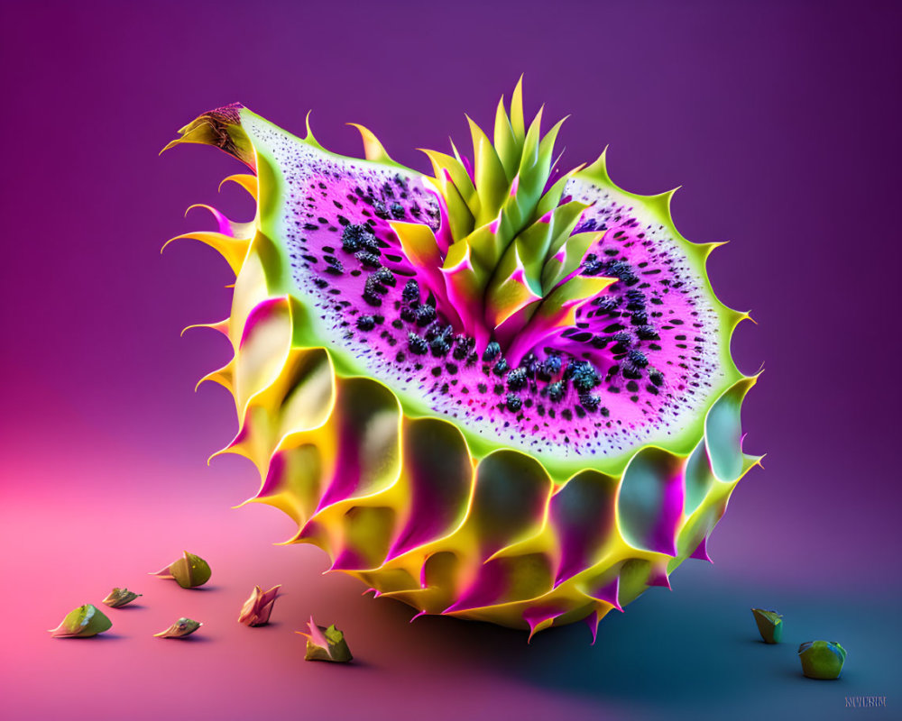 Colorful Dragon Fruit and Pineapple Fusion Artwork on Gradient Background