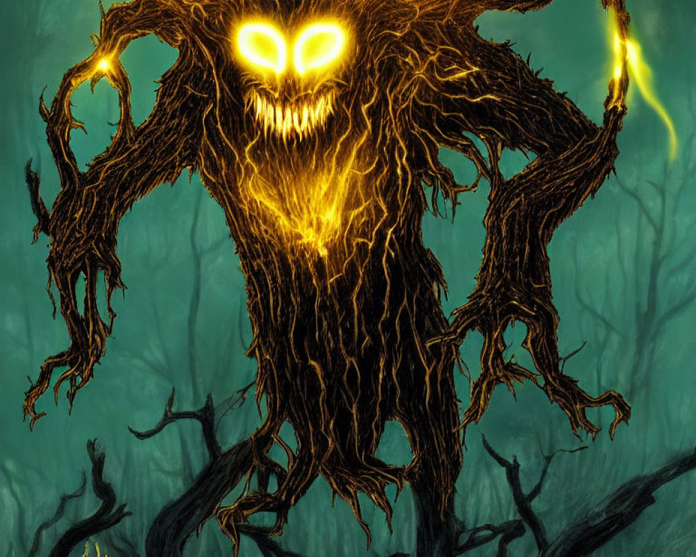 Menacing tree-like creature with glowing eyes in dark forest