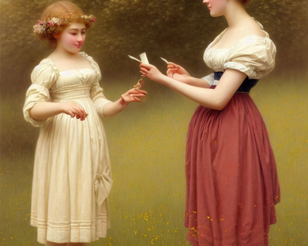 Two women in vintage dresses exchanging a letter in a field with yellow flowers